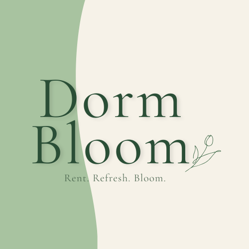 Dorm Bloom project logo. It's green text on a wave like green and whilte background.