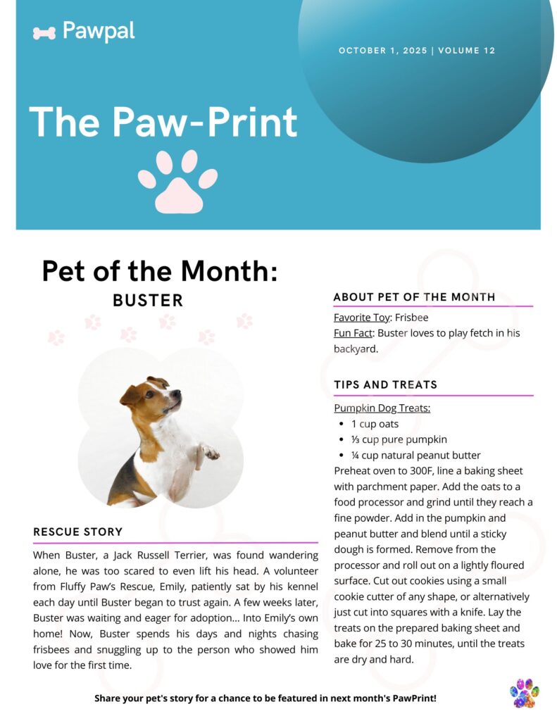 PawPal newsletter The Paw Print with a feature story about a dog named Buster.